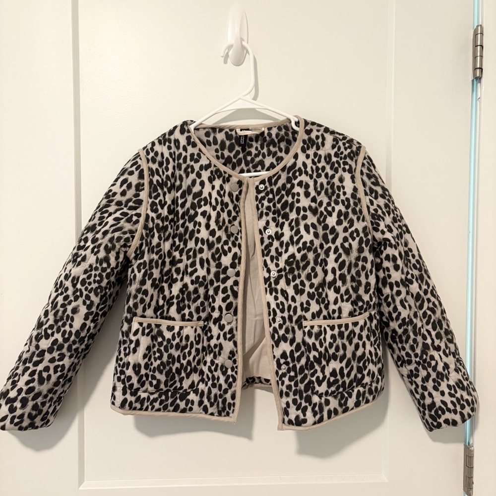 H&M Leopard Print Quilted Jacket - Black and Cream